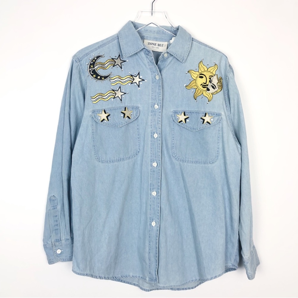 Vintage Denim Button Front Shirt Sun Moon Stars Applique Patches Rhinestones M - Picture 1 of 6